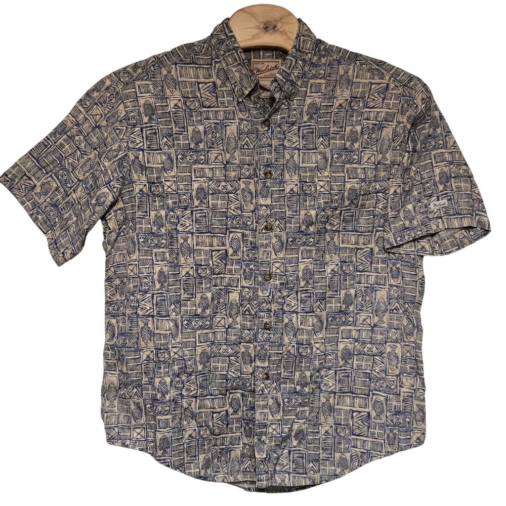 Vtg Woolrich Button Down Shirt Mens Sz XL Knit Cotton SS Fish Print Blue Tan